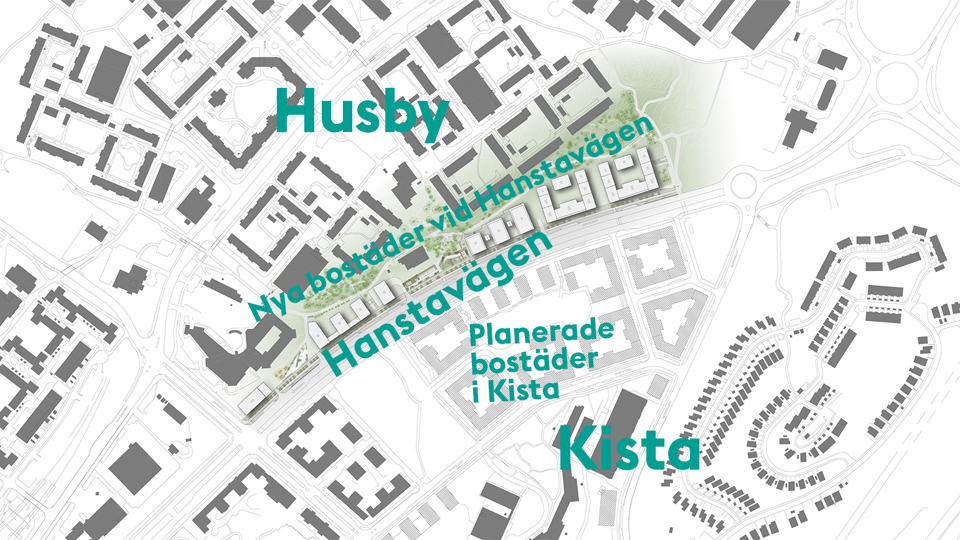 Översiktsbild av bostädernas placering vid Hanstavägen. På bilden syns också planerade bostäder i Kista, söder om Hanstavägen. Karta